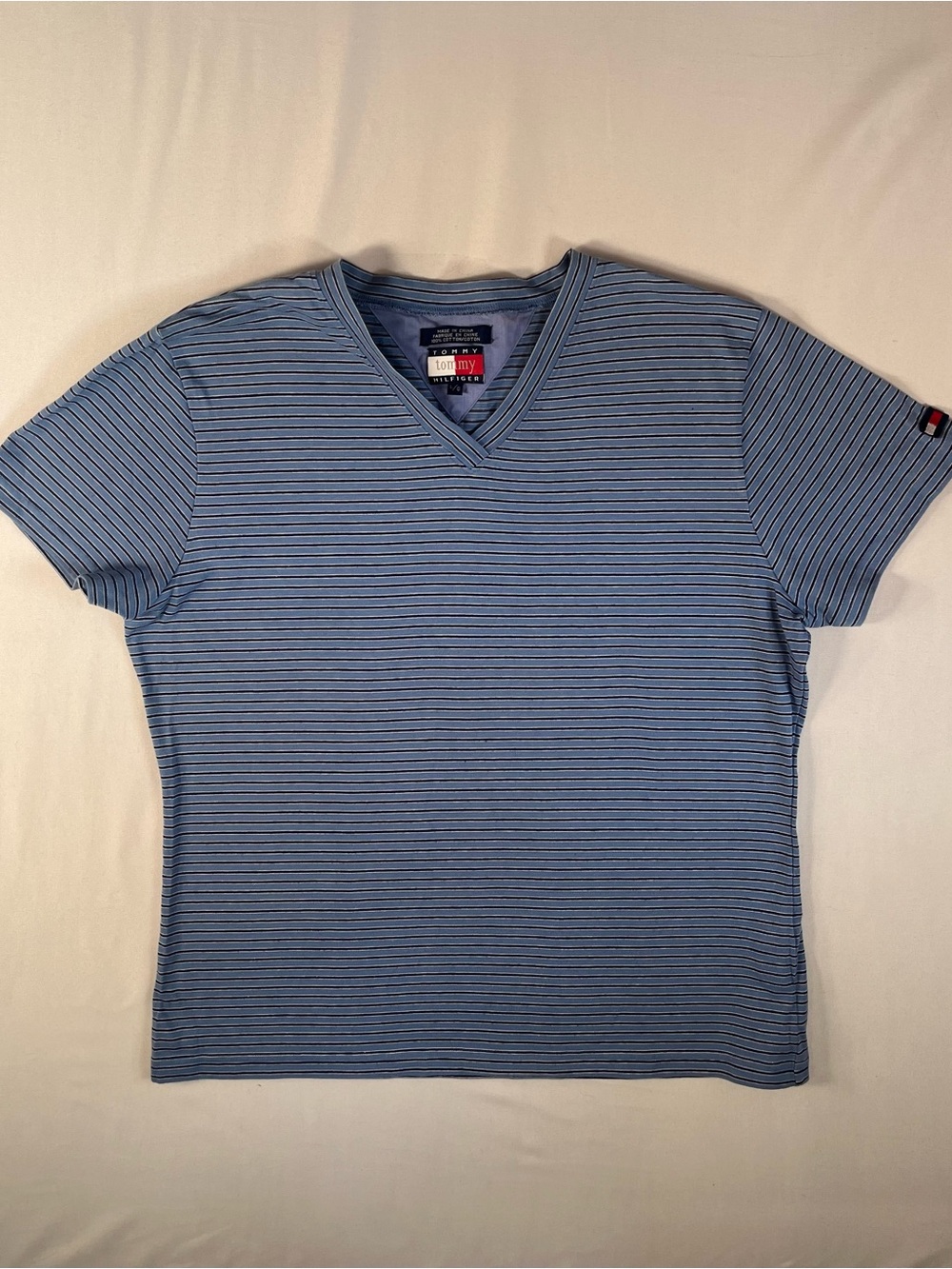 Tommy Hilfiger Light Blue and Navy Striped V‑Neck Short Sleeve Shirt 0043
